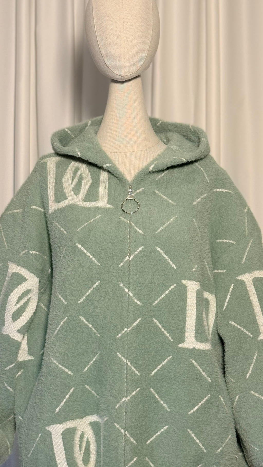 Mint Yeşili Desenli Kapüşonlu Angora