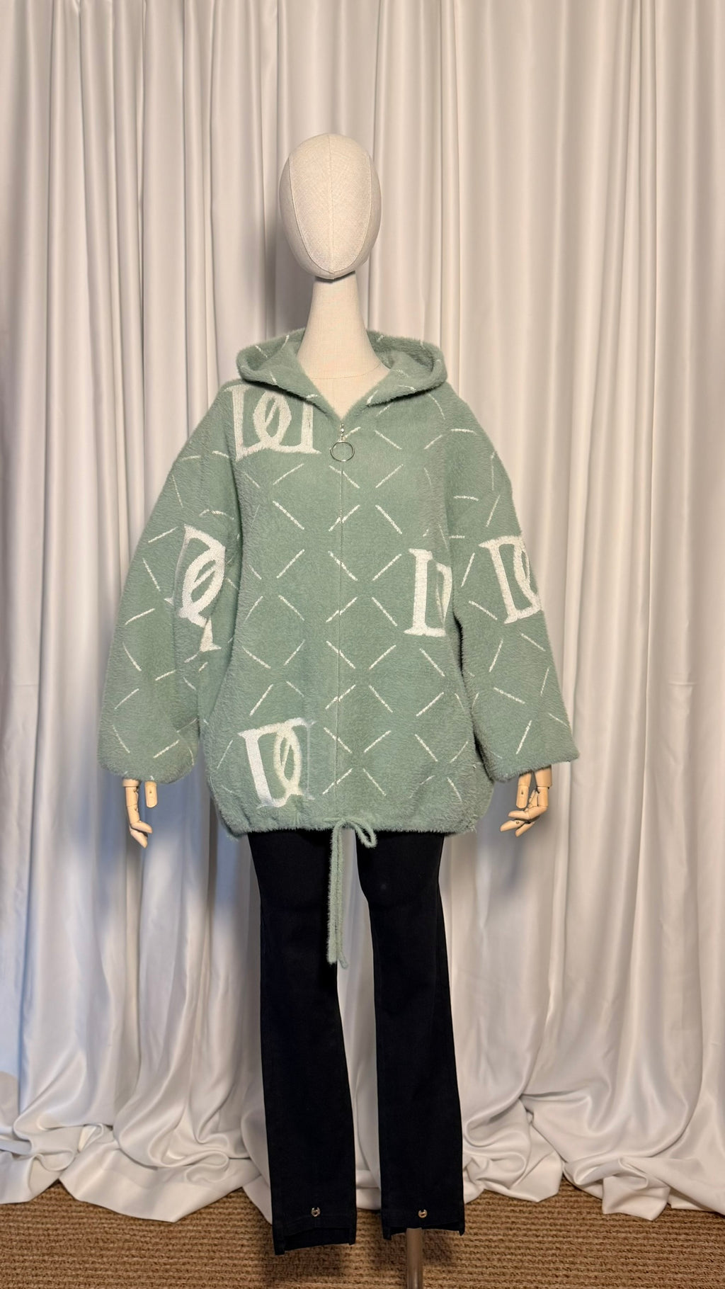 Mint Yeşili Desenli Kapüşonlu Angora