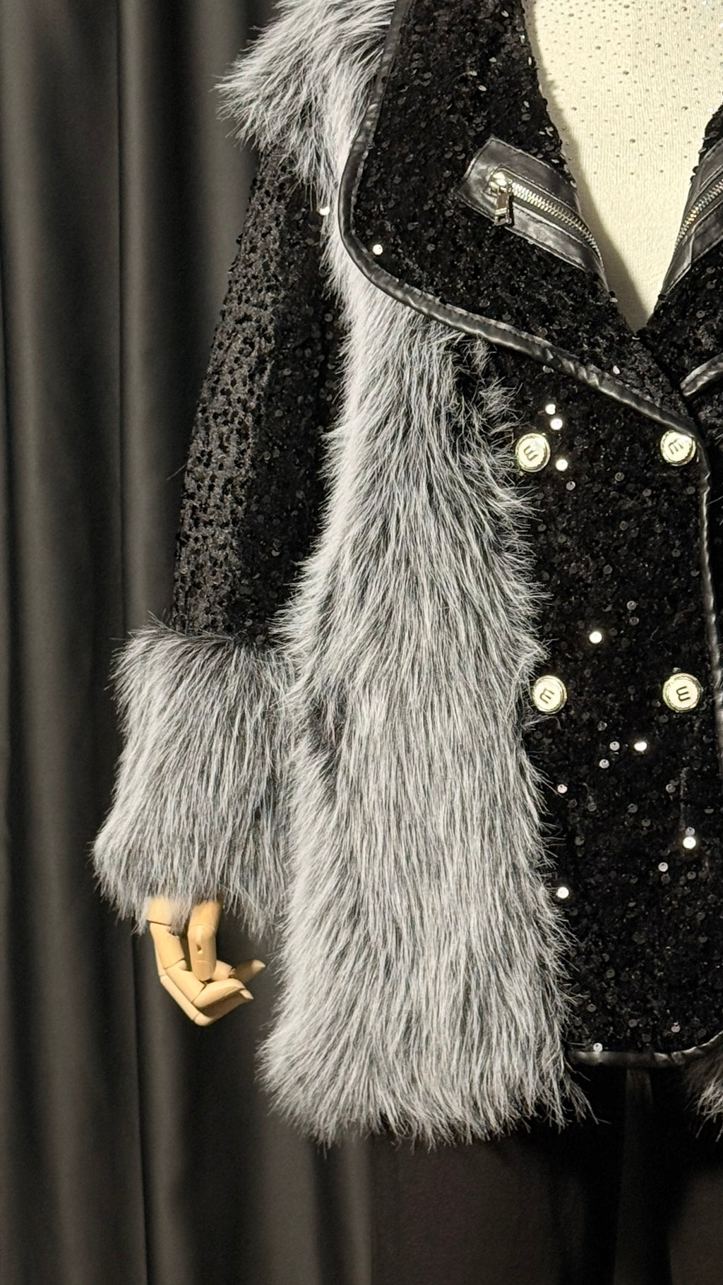 Siyah Gri Payetli Kürk Ceket