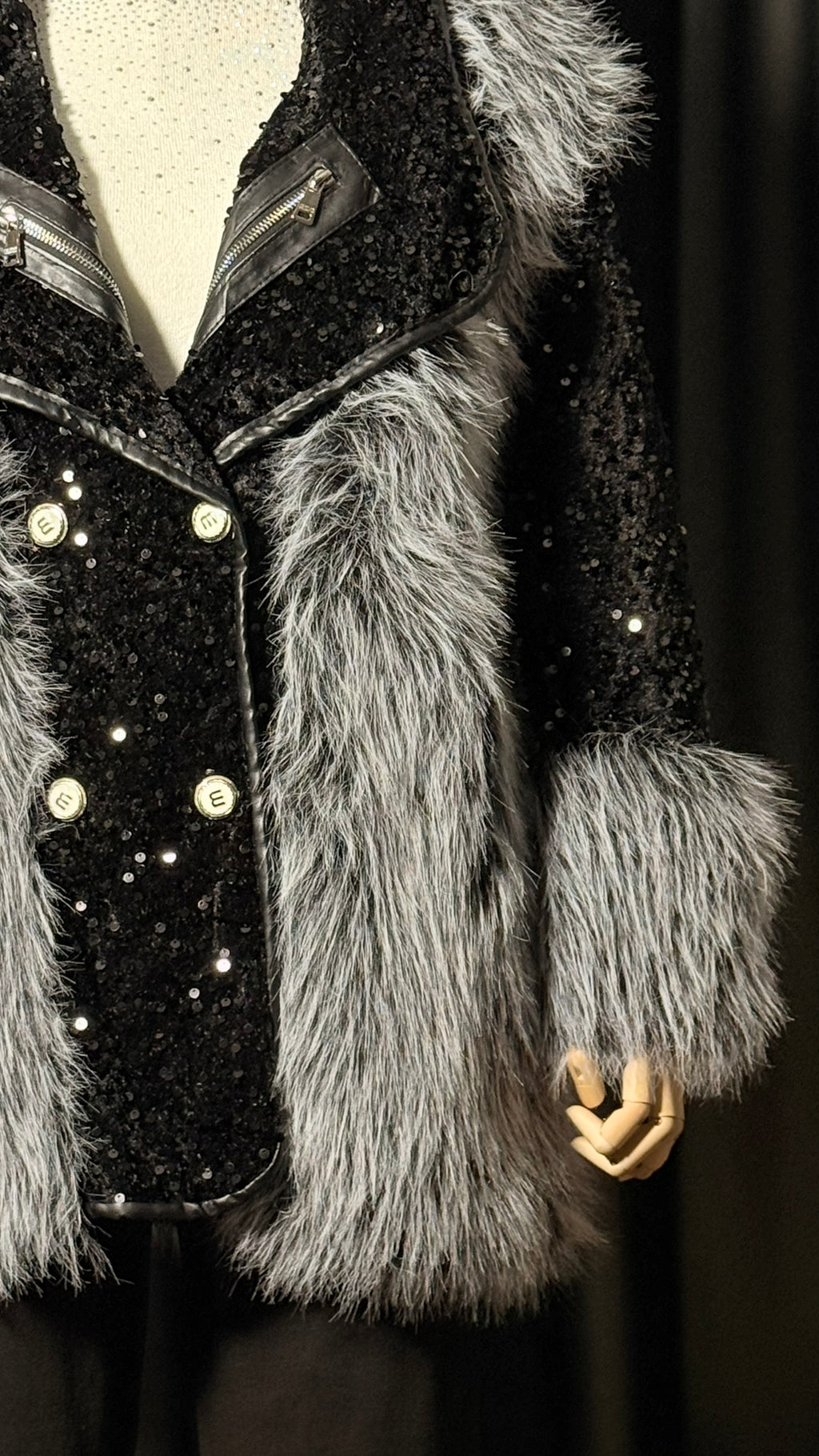 Siyah Gri Payetli Kürk Ceket