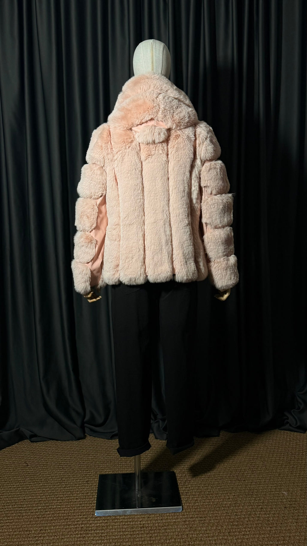 Pudra Kapüşonlu Kürk Mont