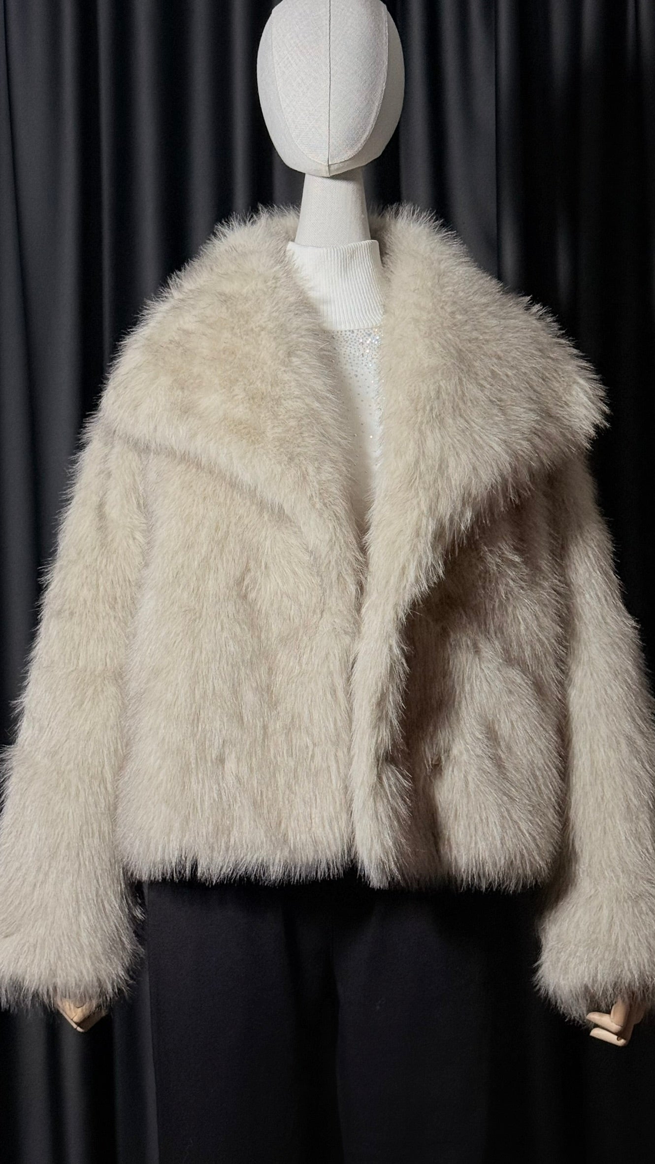 Krem Uzun Tüylü Suni Kürk Ceket