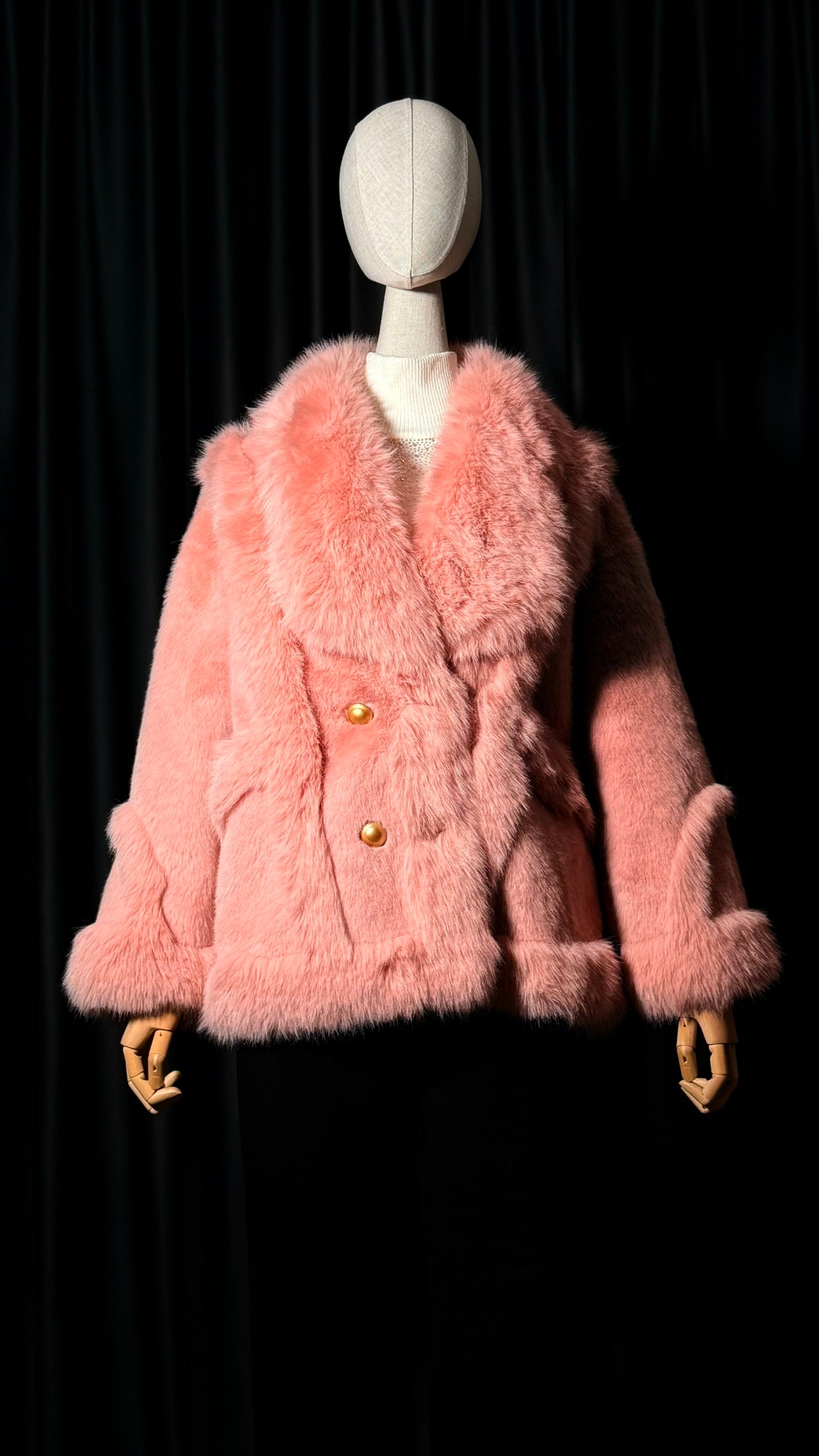 Pudra Pembe Düğmeli Kürk Ceket