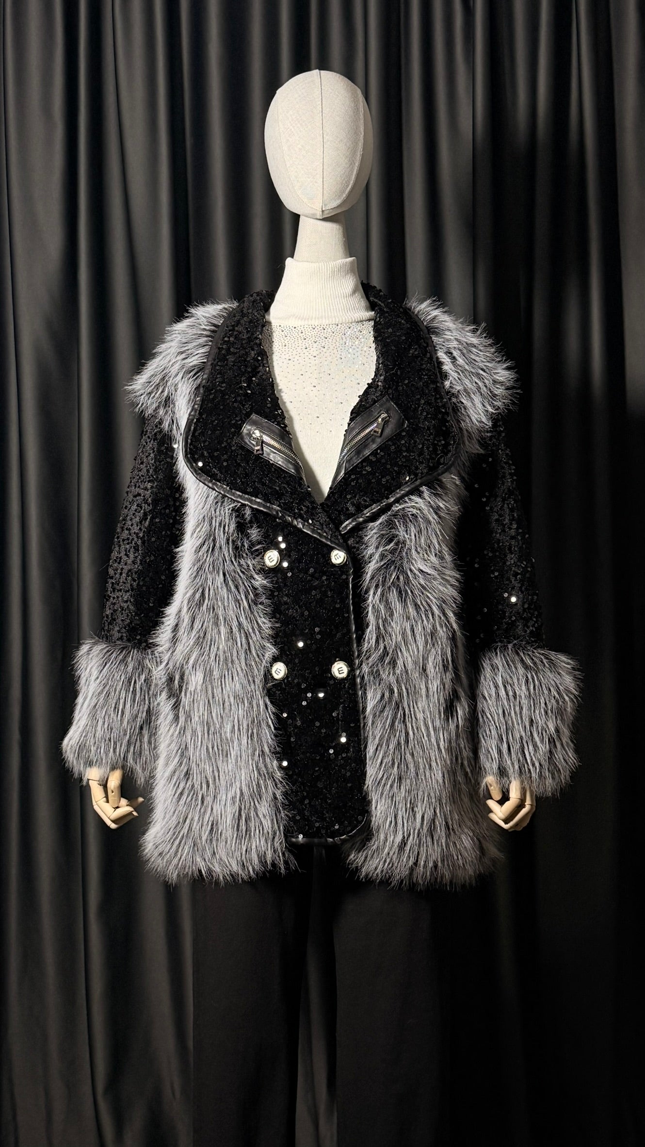 Siyah Gri Payetli Kürk Ceket