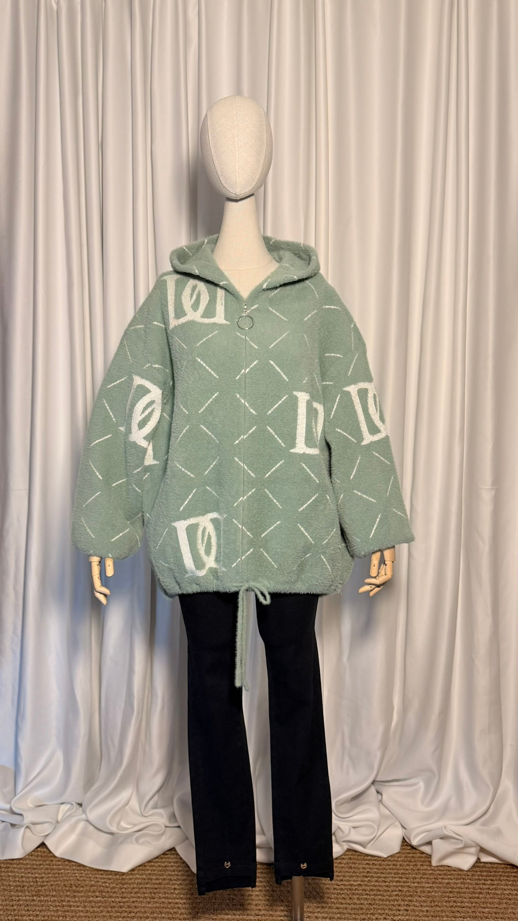 Mint Yeşili Desenli Kapüşonlu Angora