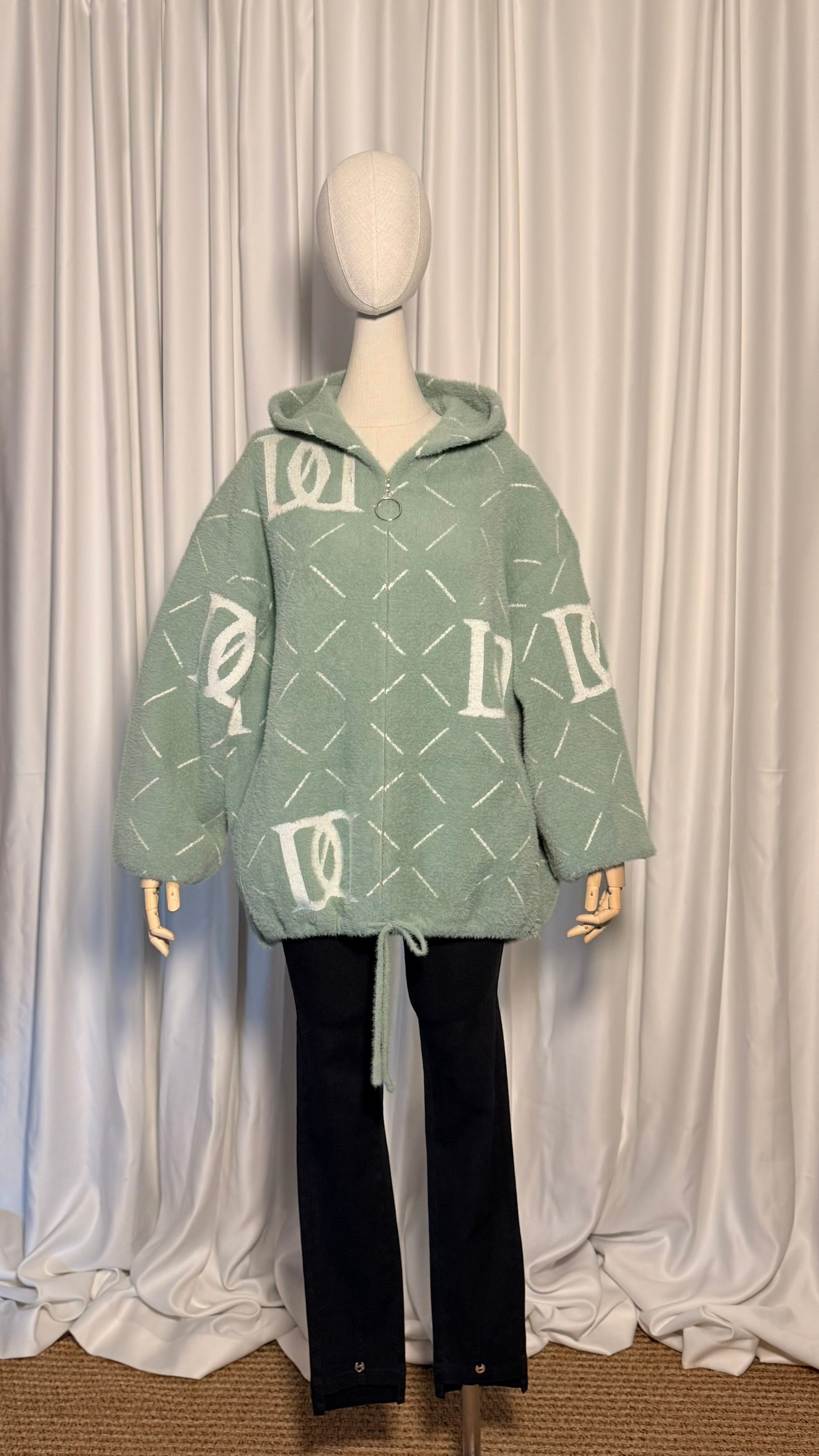 Mint Yeşili Desenli Kapüşonlu Angora