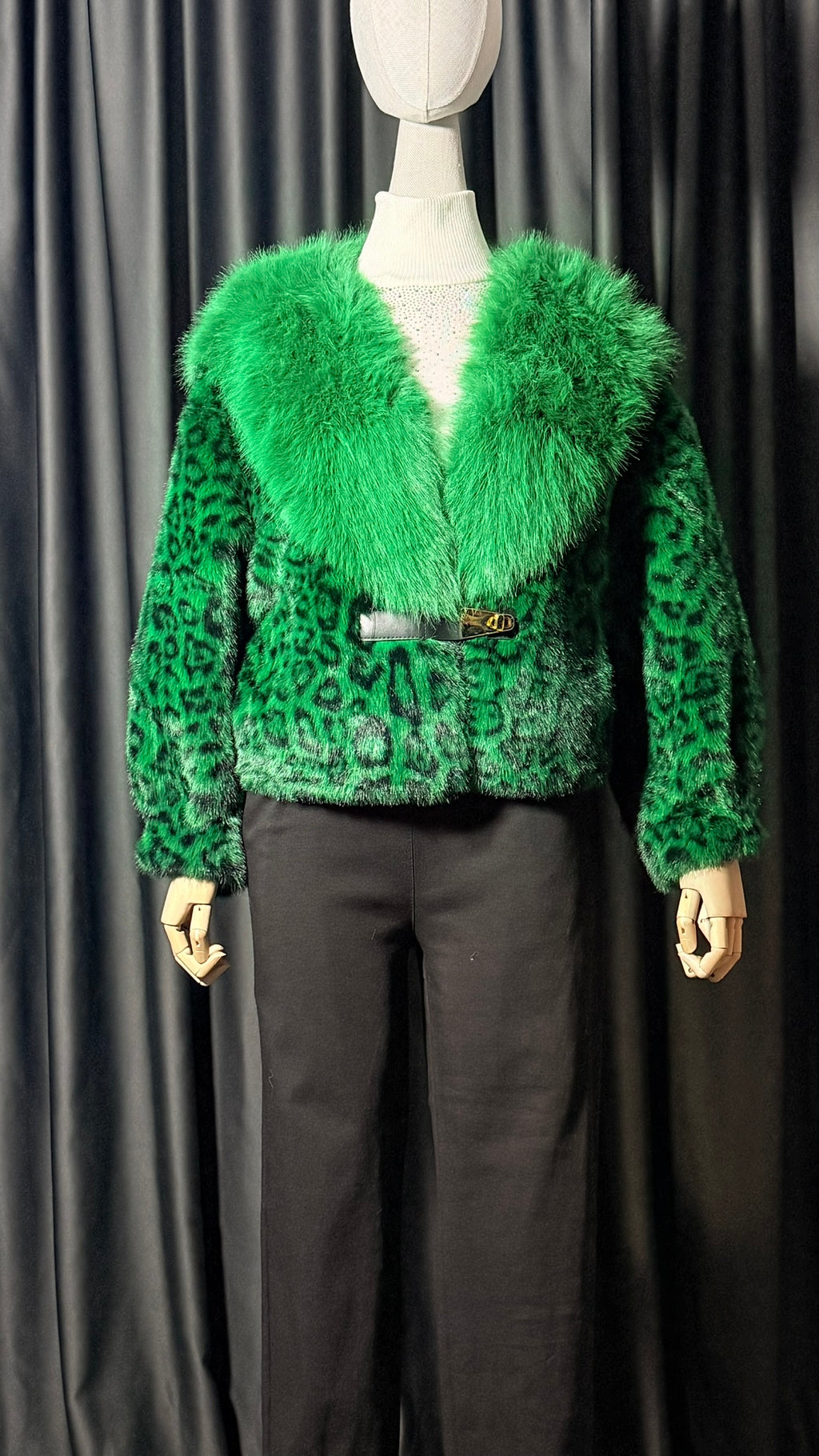 Yeşil Leopar Desenli Kürk Ceket