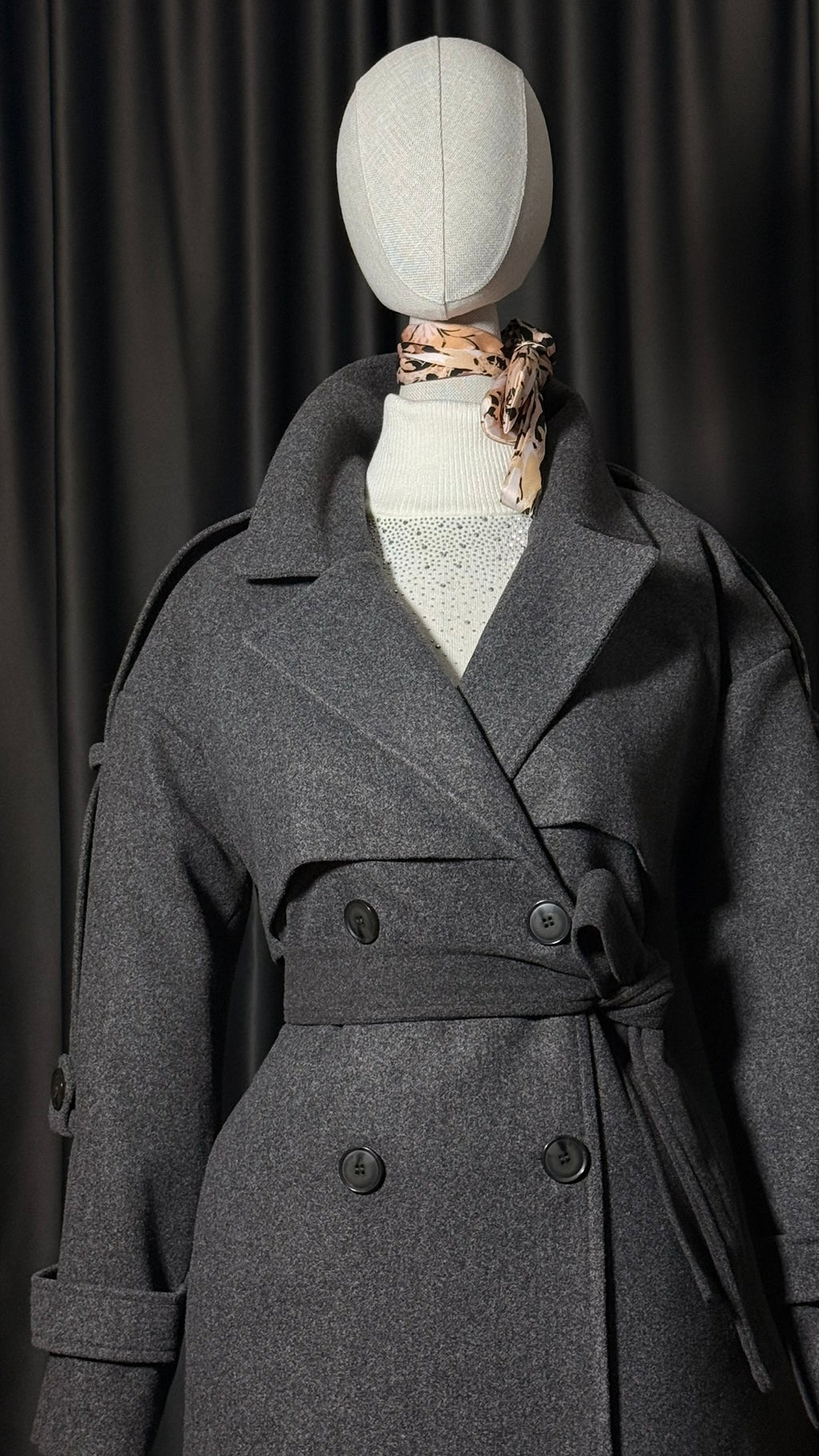 Koyu Gri Kuşaklı Kaşe Kaban – Basic Seri