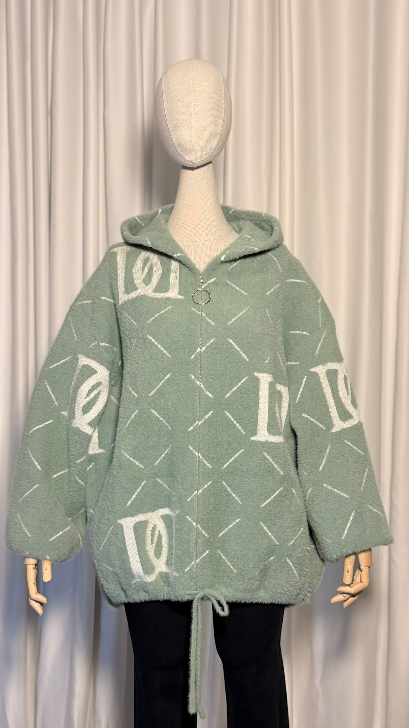 Mint Yeşili Desenli Kapüşonlu Angora