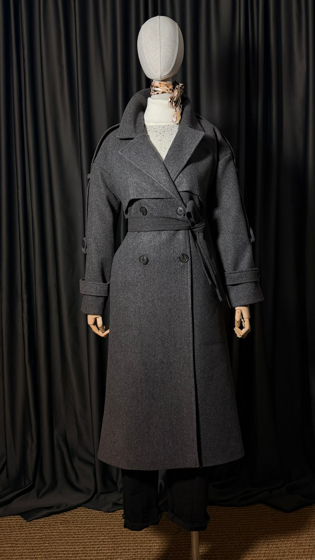 Koyu Gri Kuşaklı Kaşe Kaban – Basic Seri