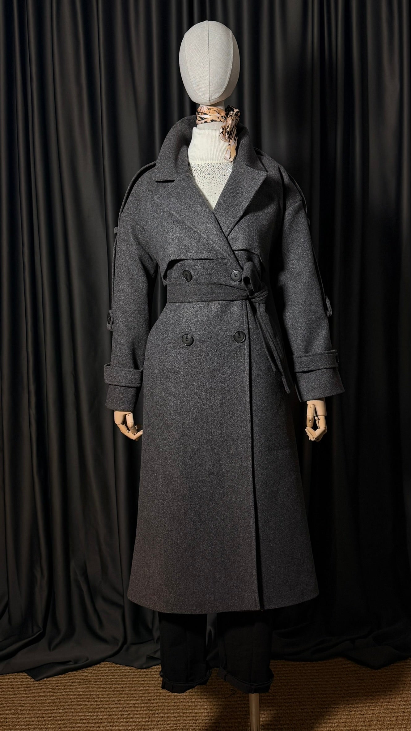 Koyu Gri Kuşaklı Kaşe Kaban – Basic Seri