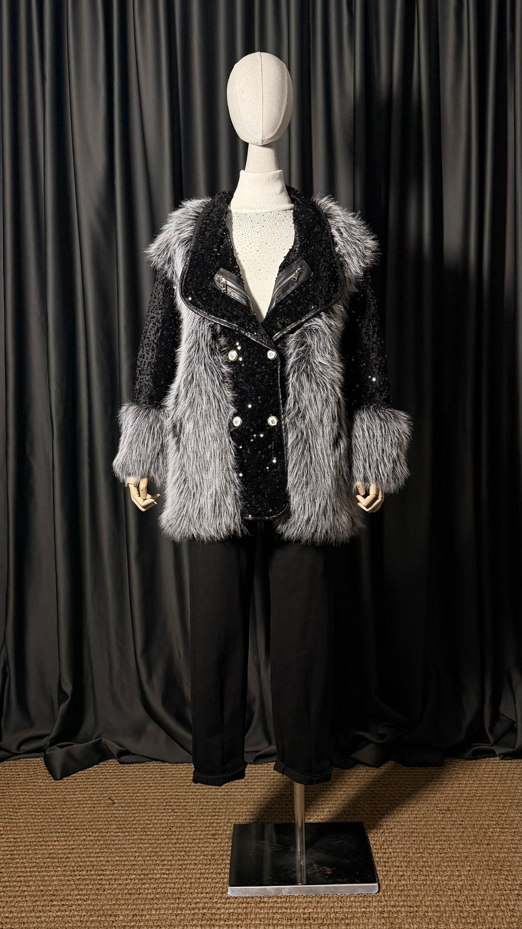 Siyah Gri Payetli Kürk Ceket