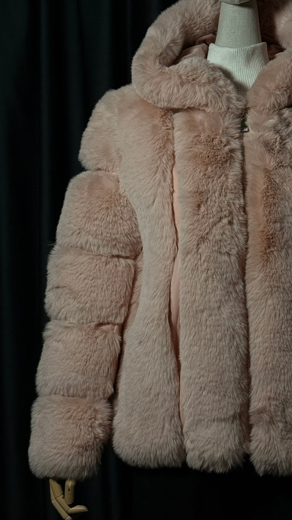 Pudra Kapüşonlu Kürk Mont