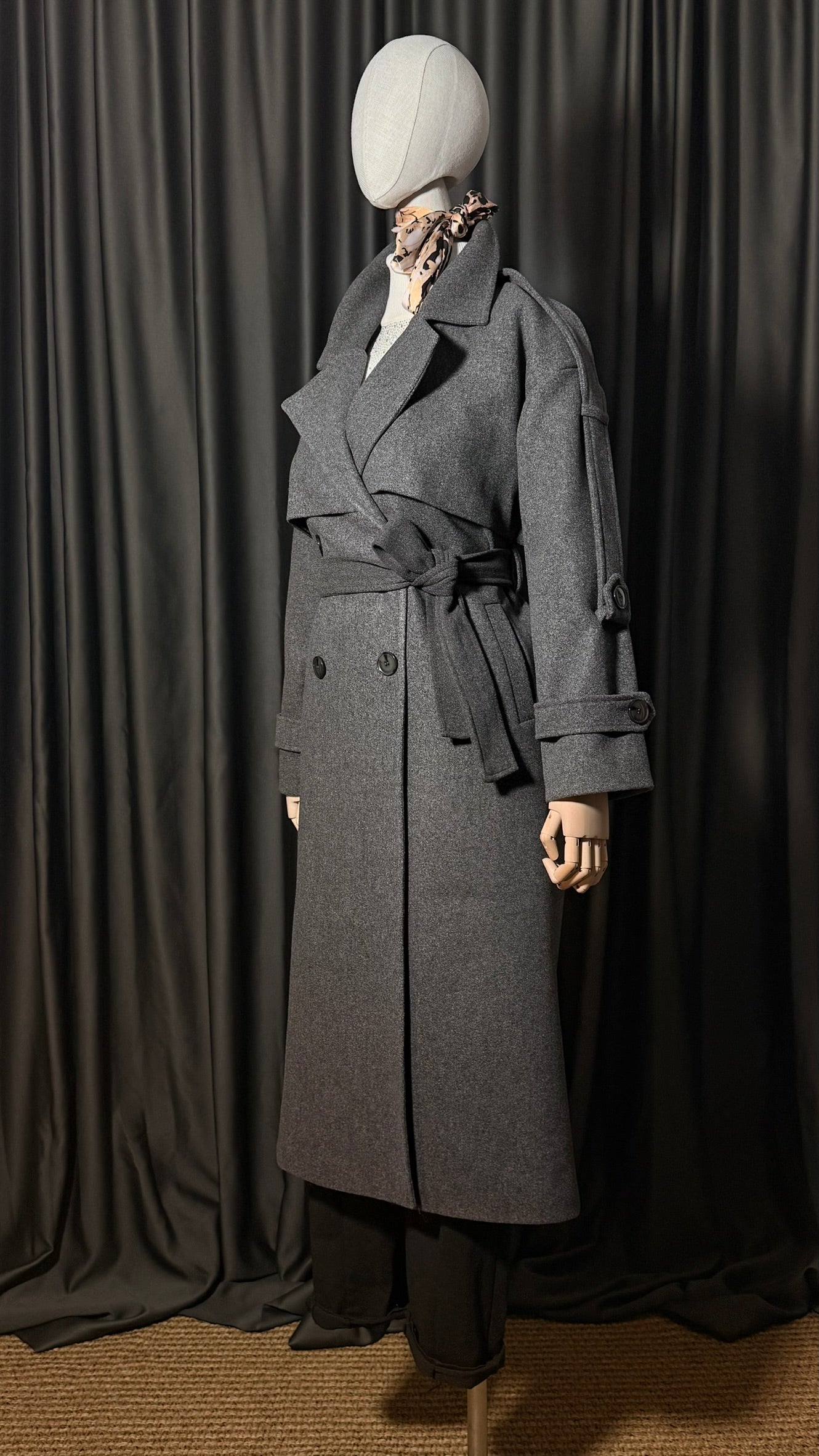 Koyu Gri Kuşaklı Kaşe Kaban – Basic Seri