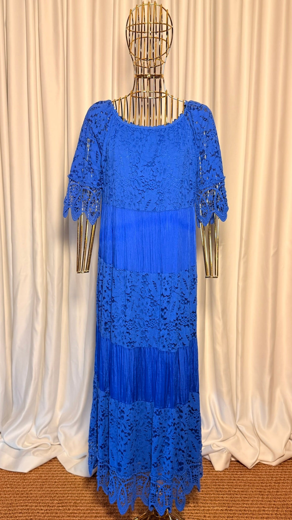 Kobalt Mavi Dantelli Bohem Elbise