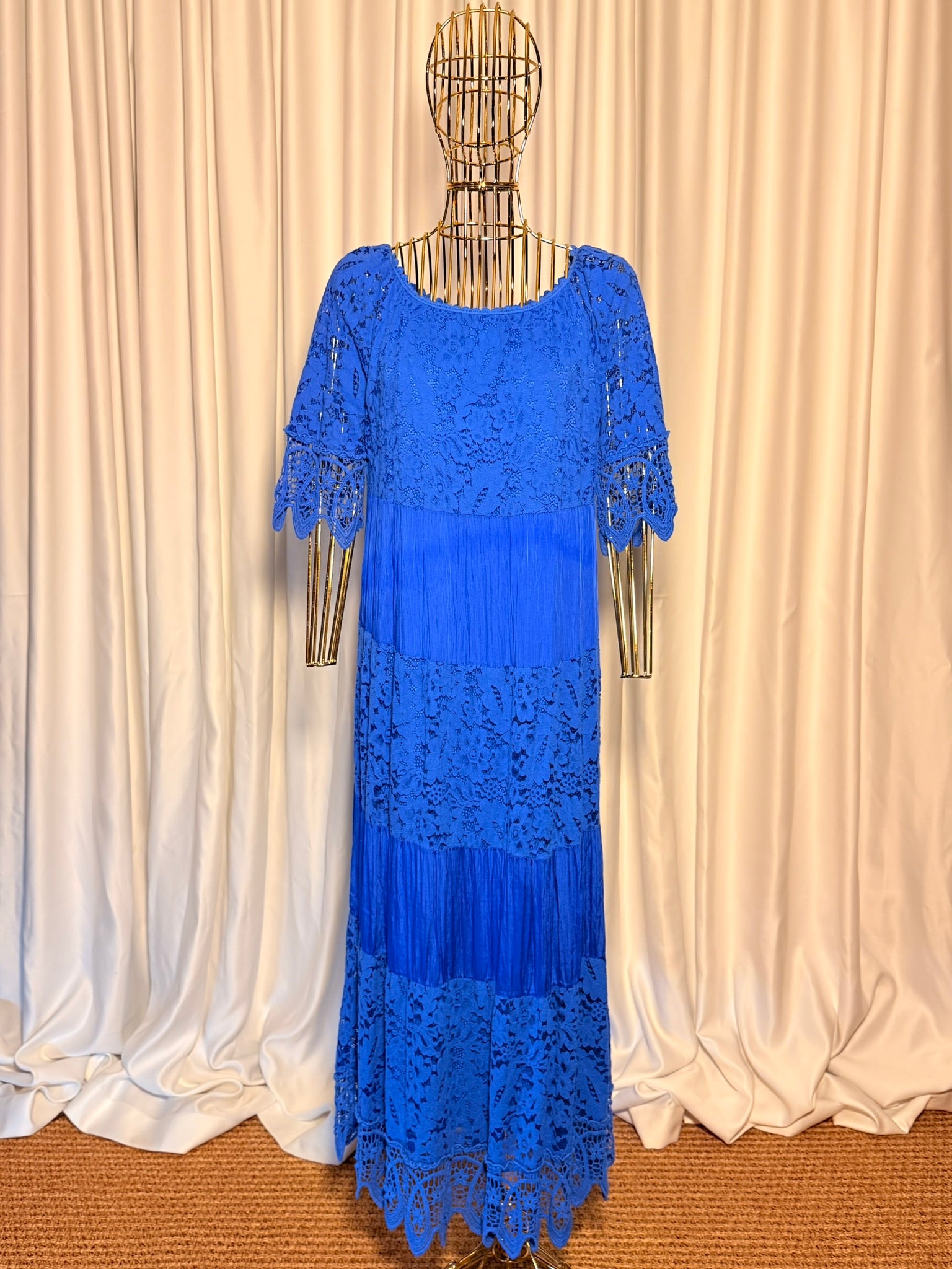 Kobalt Mavi Dantelli Bohem Elbise