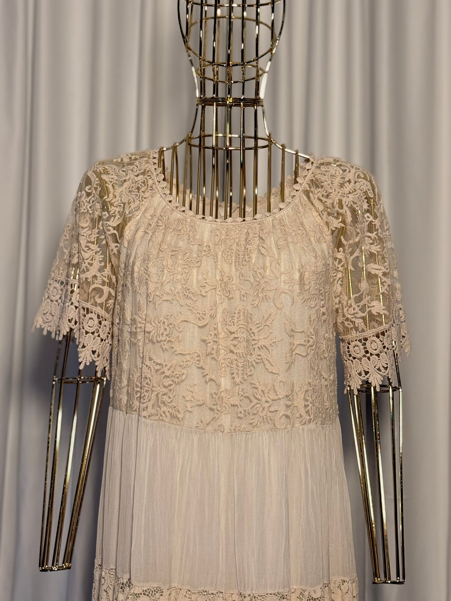 Krem Dantelli Bohem Elbise