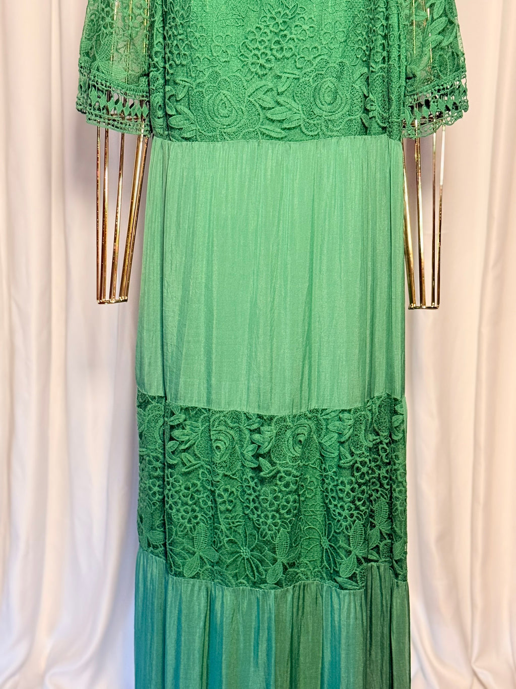 Ördek Başı Yeşili Dantelli Bohem Elbise