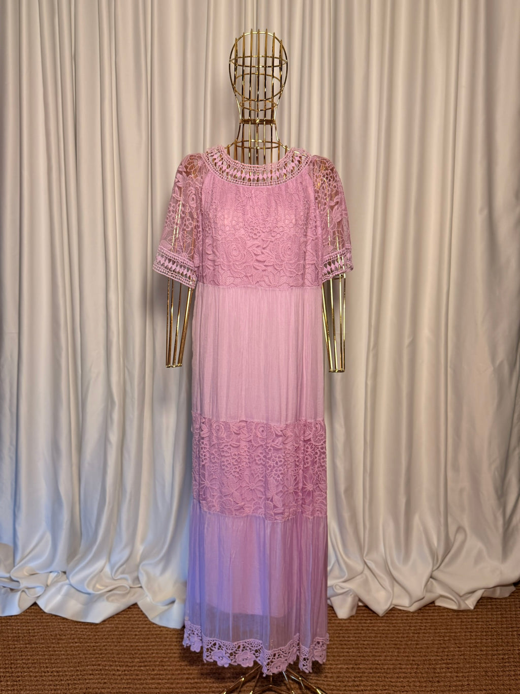 Lila Dantelli Bohem İpek Elbise