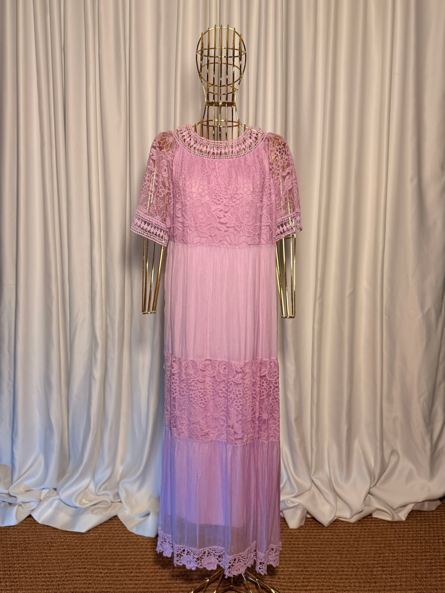 Lila Dantelli Bohem İpek Elbise