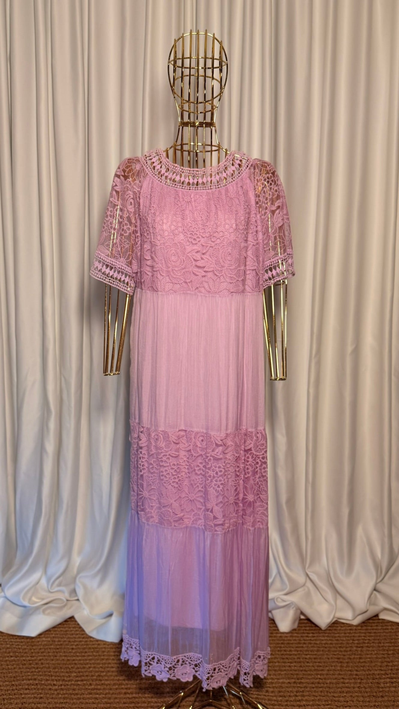 Lila Dantelli Bohem İpek Elbise