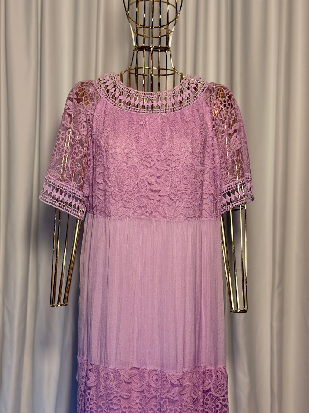 Lila Dantelli Bohem İpek Elbise