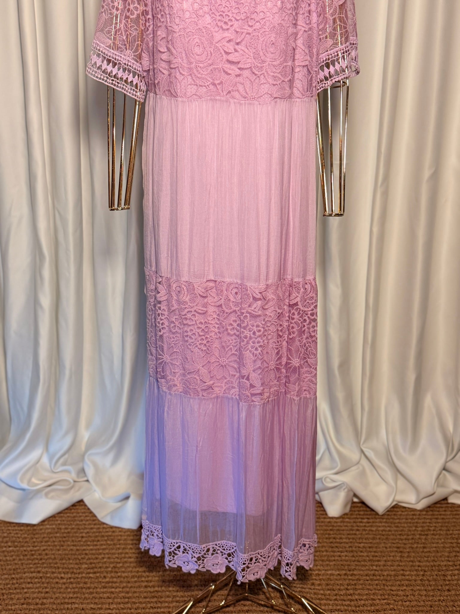 Lila Dantelli Bohem İpek Elbise