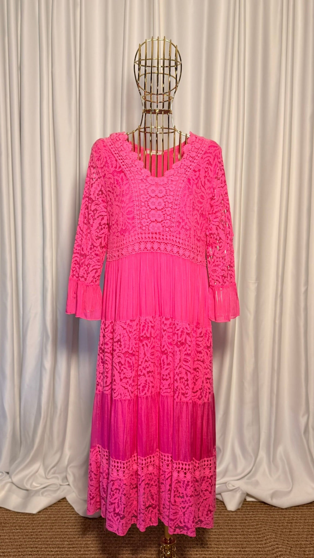 FUŞYA DANTELLİ BOHEM ELBİSE UZUN KOLLU KATLI TASARIM ELBİSE