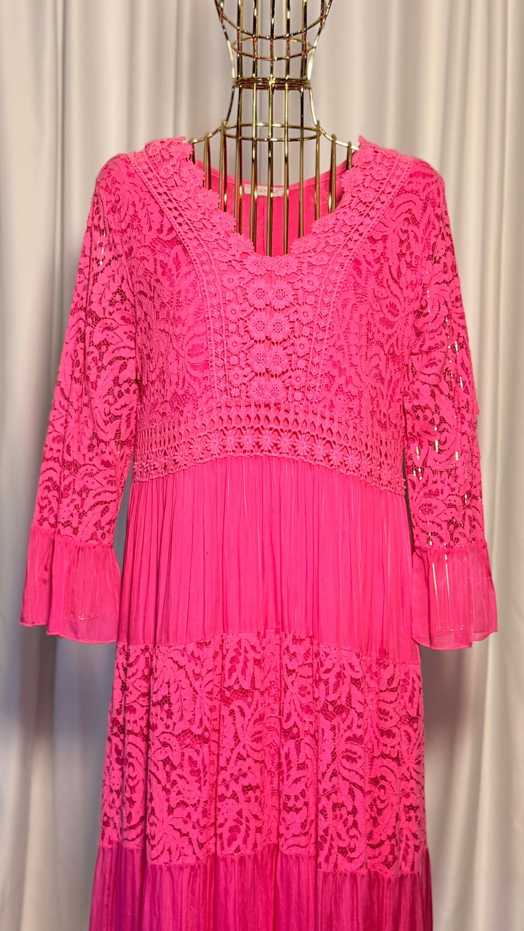 FUŞYA DANTELLİ BOHEM ELBİSE UZUN KOLLU KATLI TASARIM ELBİSE