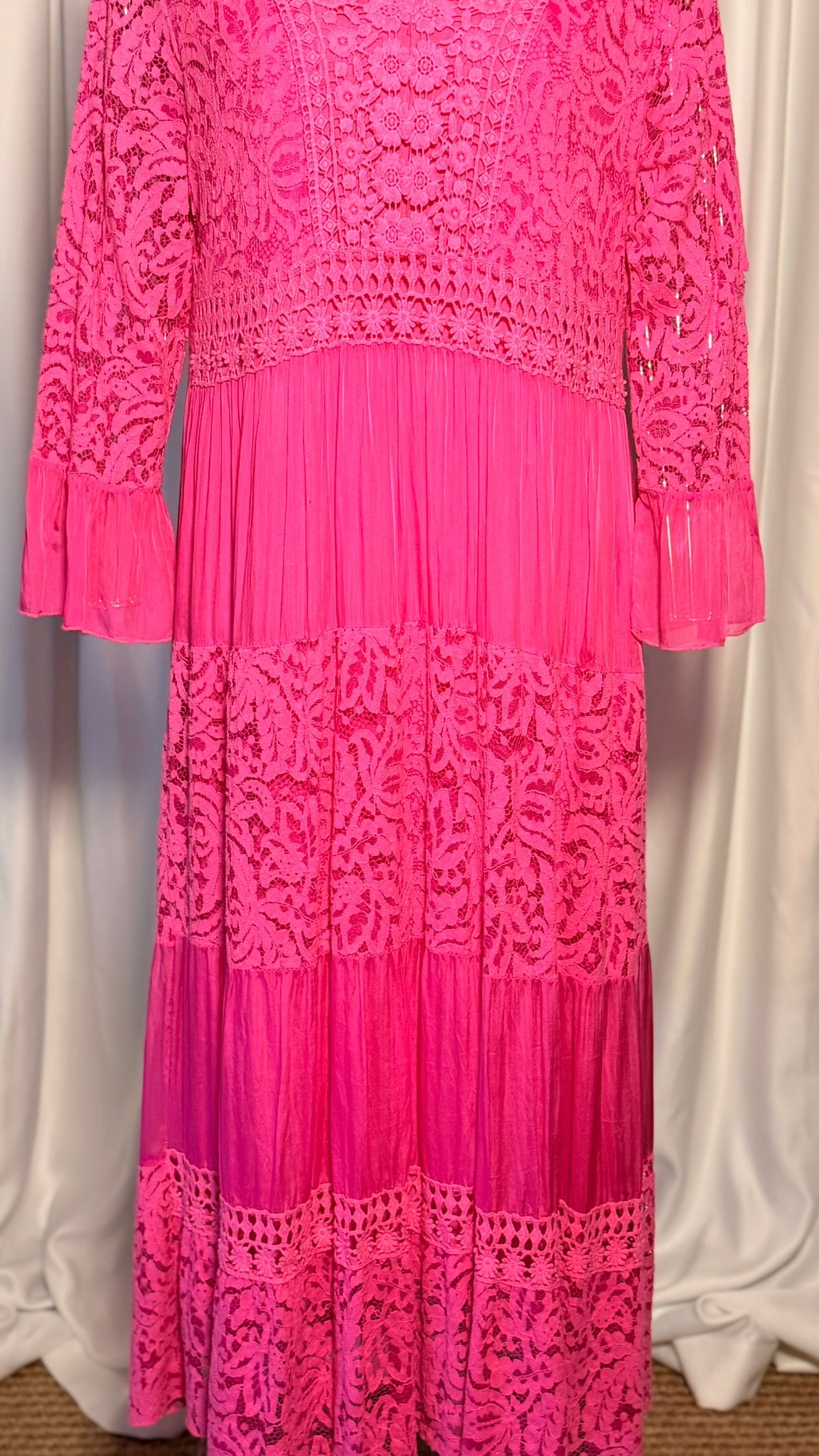 FUŞYA DANTELLİ BOHEM ELBİSE UZUN KOLLU KATLI TASARIM ELBİSE