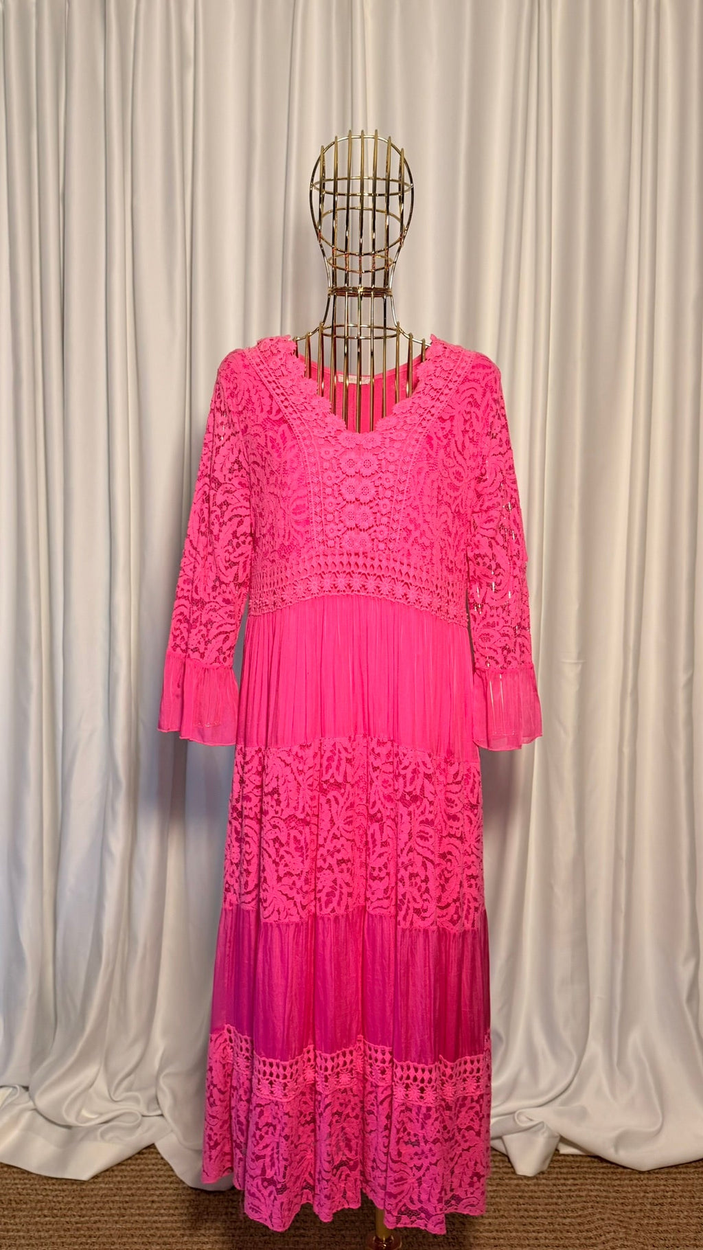 FUŞYA DANTELLİ BOHEM ELBİSE UZUN KOLLU KATLI TASARIM ELBİSE