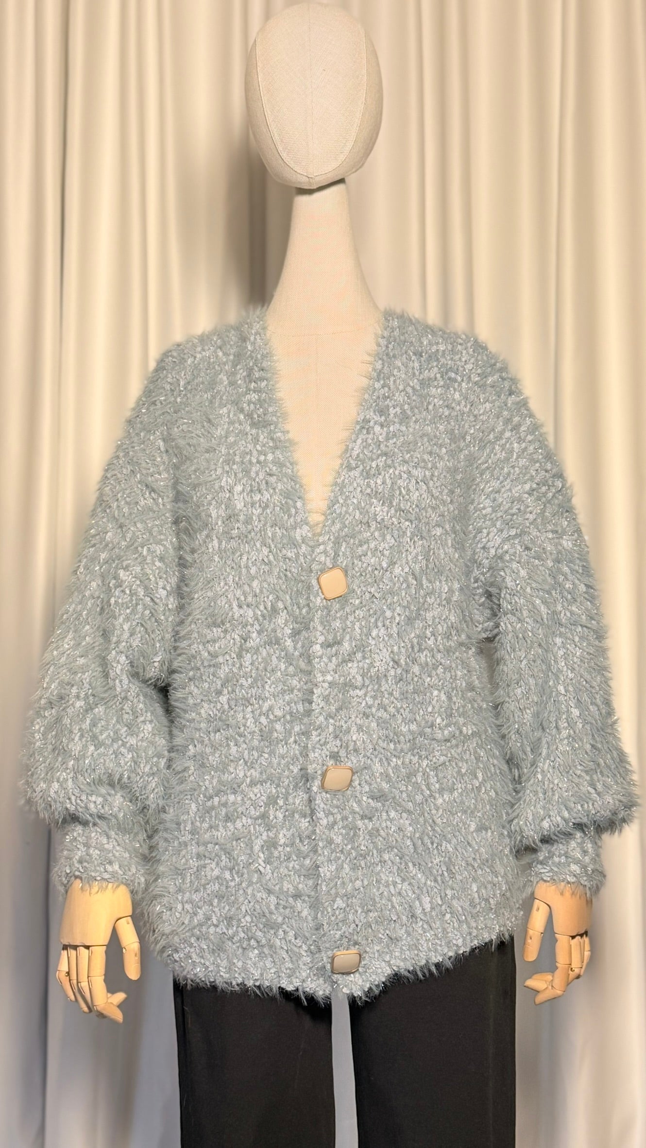 Mavi Tüylü Oversize Hırka