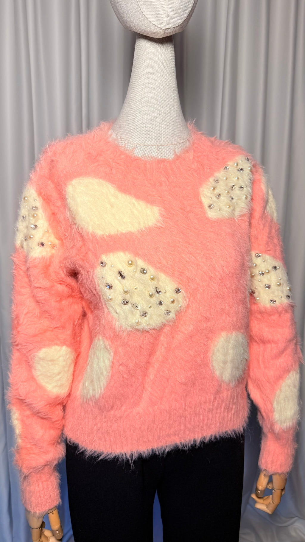 Pembe Tüylü Desenli Kazak