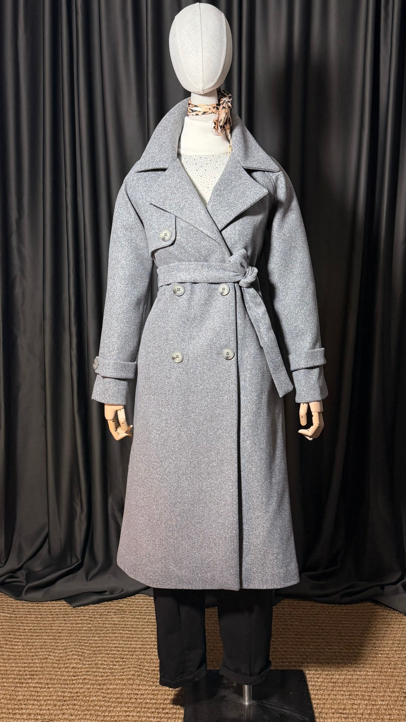 Gri Kuşaklı Kaşe Kaban – Oversize Kesim