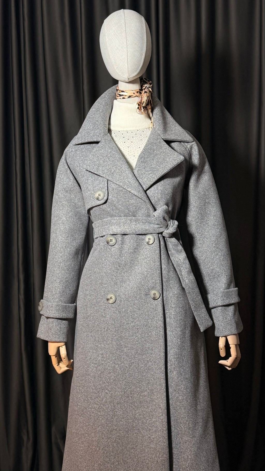 Gri Kuşaklı Kaşe Kaban – Oversize Kesim