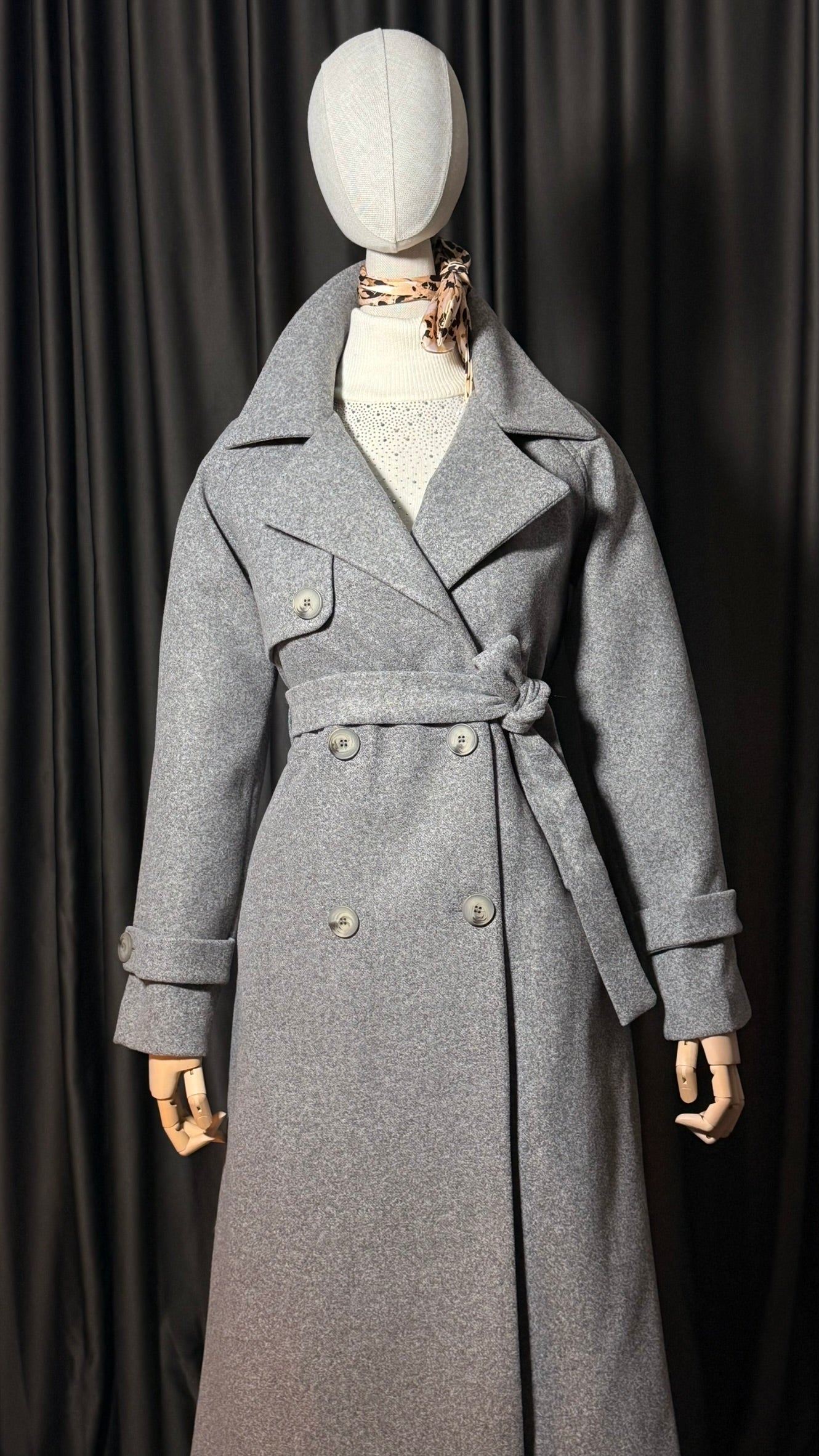 Gri Kuşaklı Kaşe Kaban – Oversize Kesim