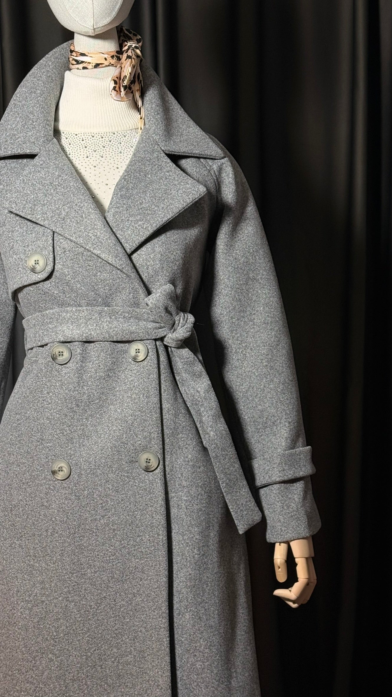 Gri Kuşaklı Kaşe Kaban – Oversize Kesim