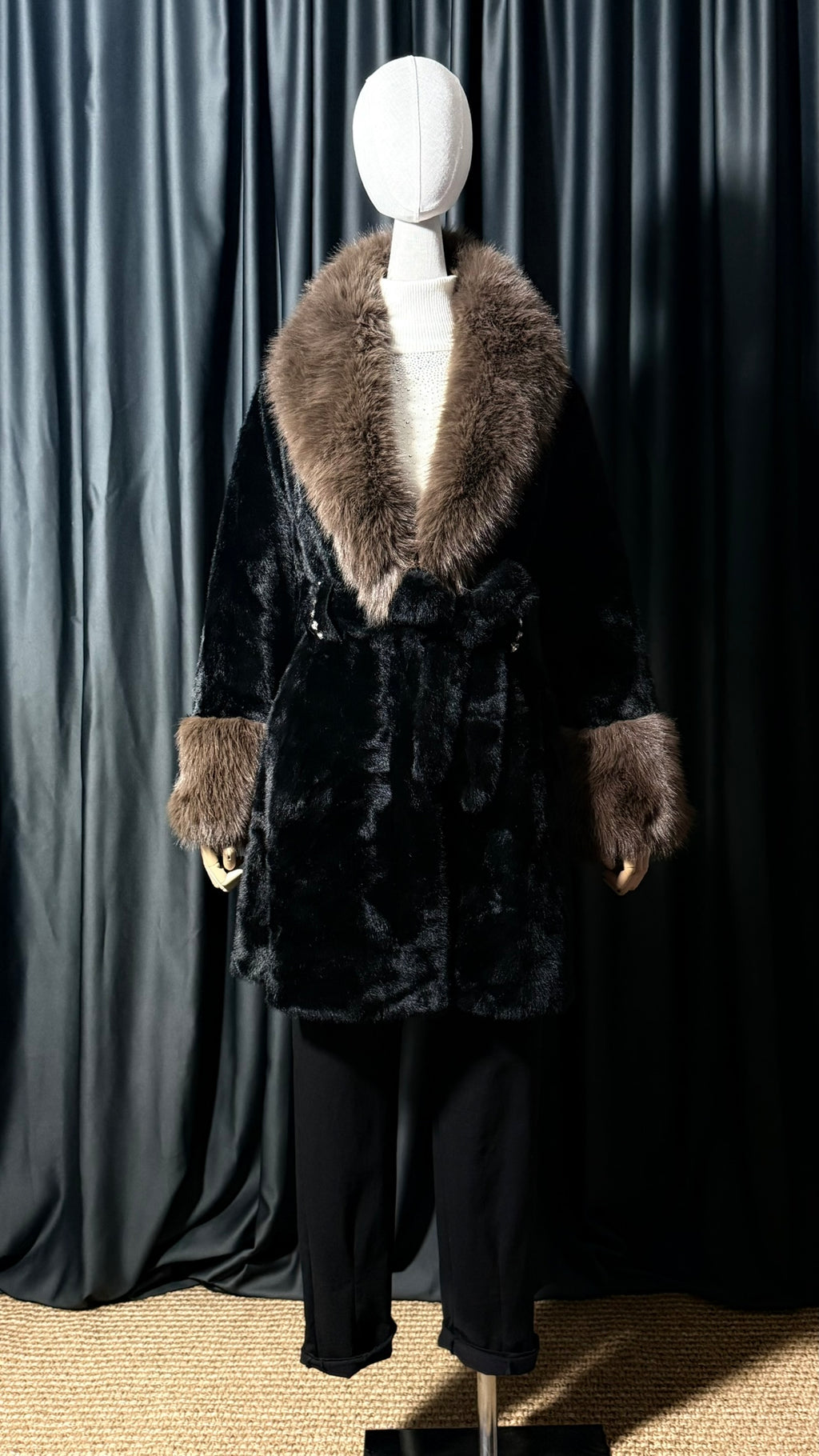 Siyah Kahve Yaka Detaylı Kürk Mont