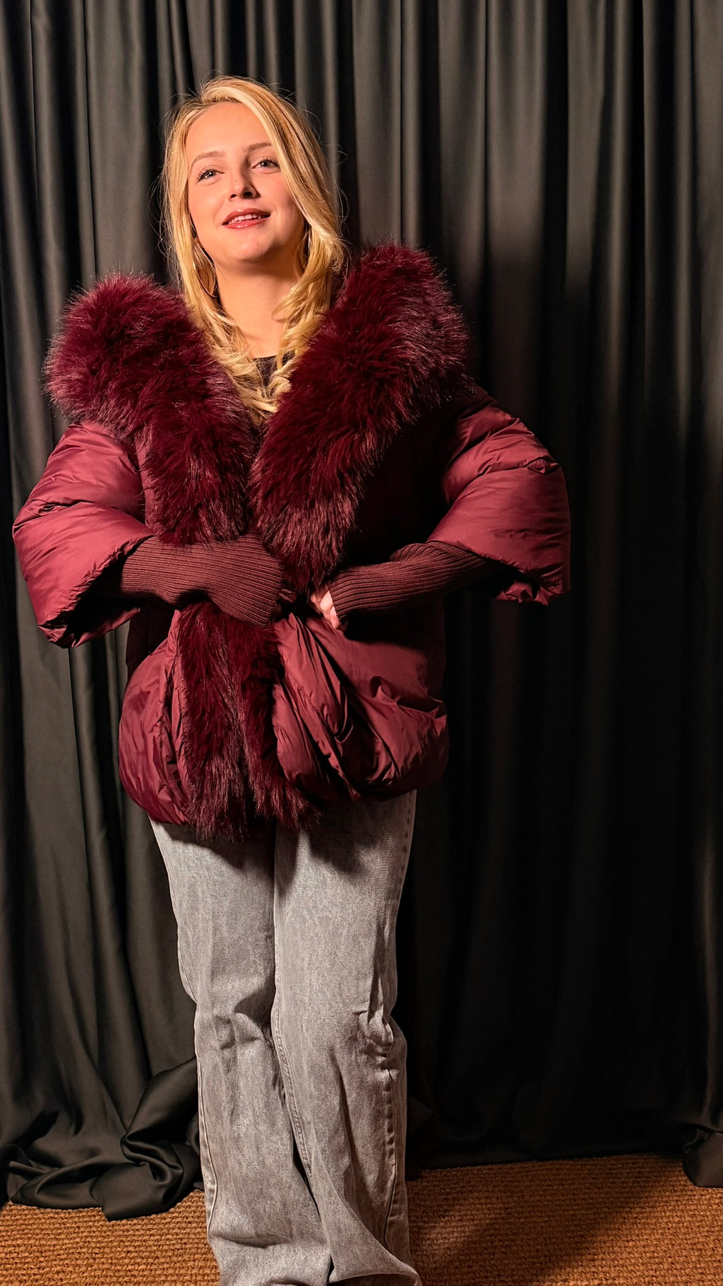 Orijinal Kaz Tüyü Şarap Rengi Tasarım Mont