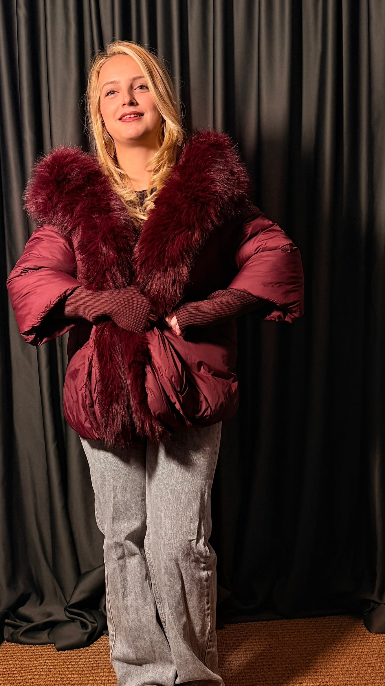 Orijinal Kaz Tüyü Şarap Rengi Tasarım Mont