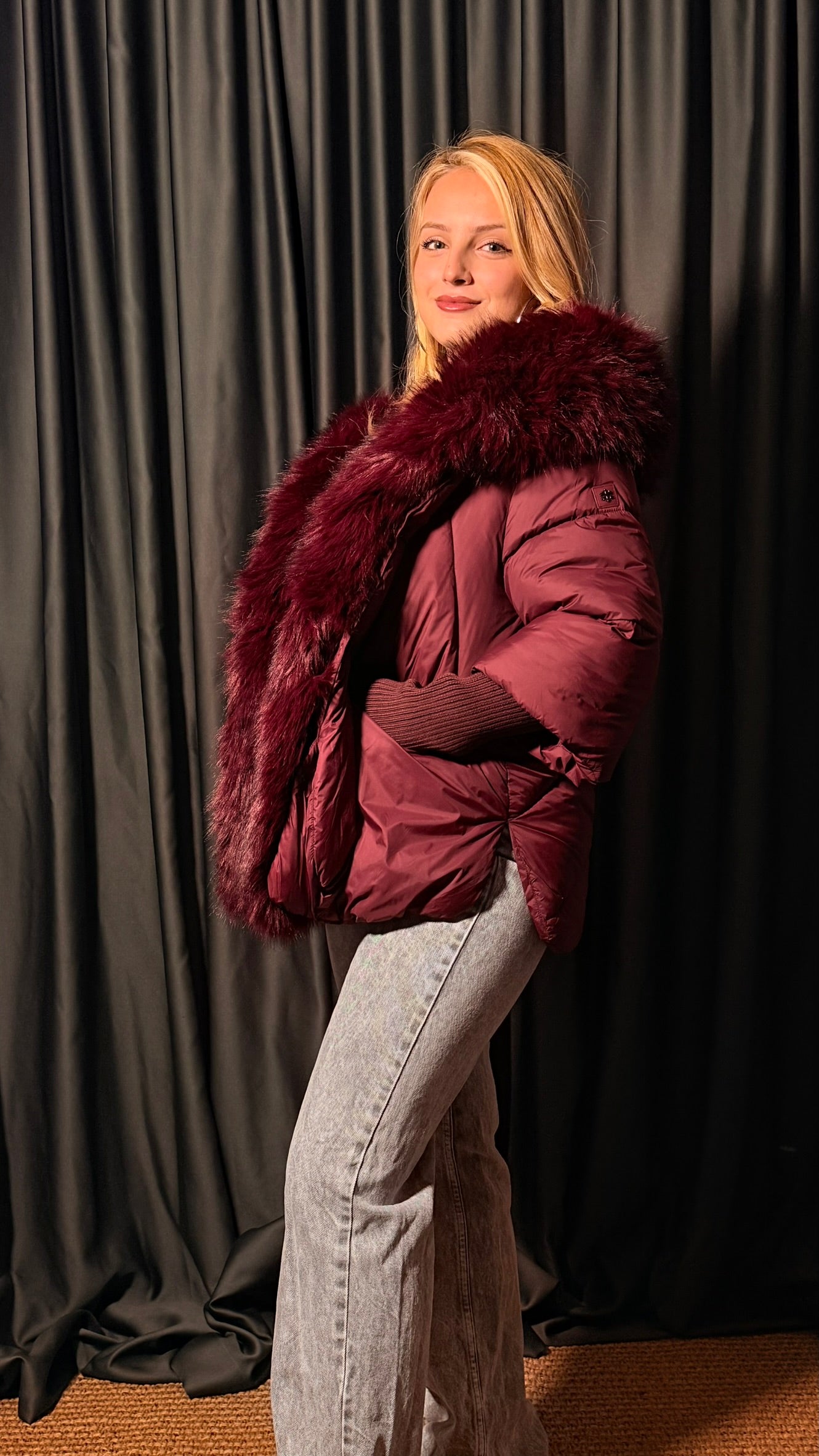 Orijinal Kaz Tüyü Şarap Rengi Tasarım Mont