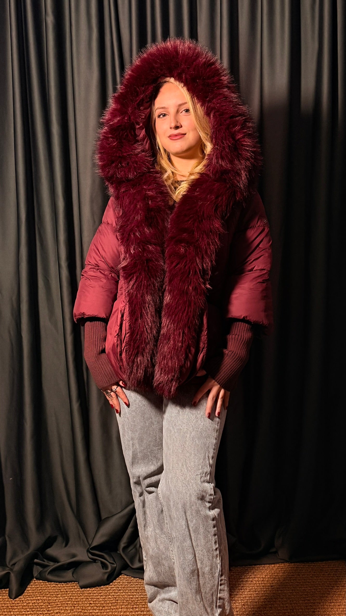 Orijinal Kaz Tüyü Şarap Rengi Tasarım Mont