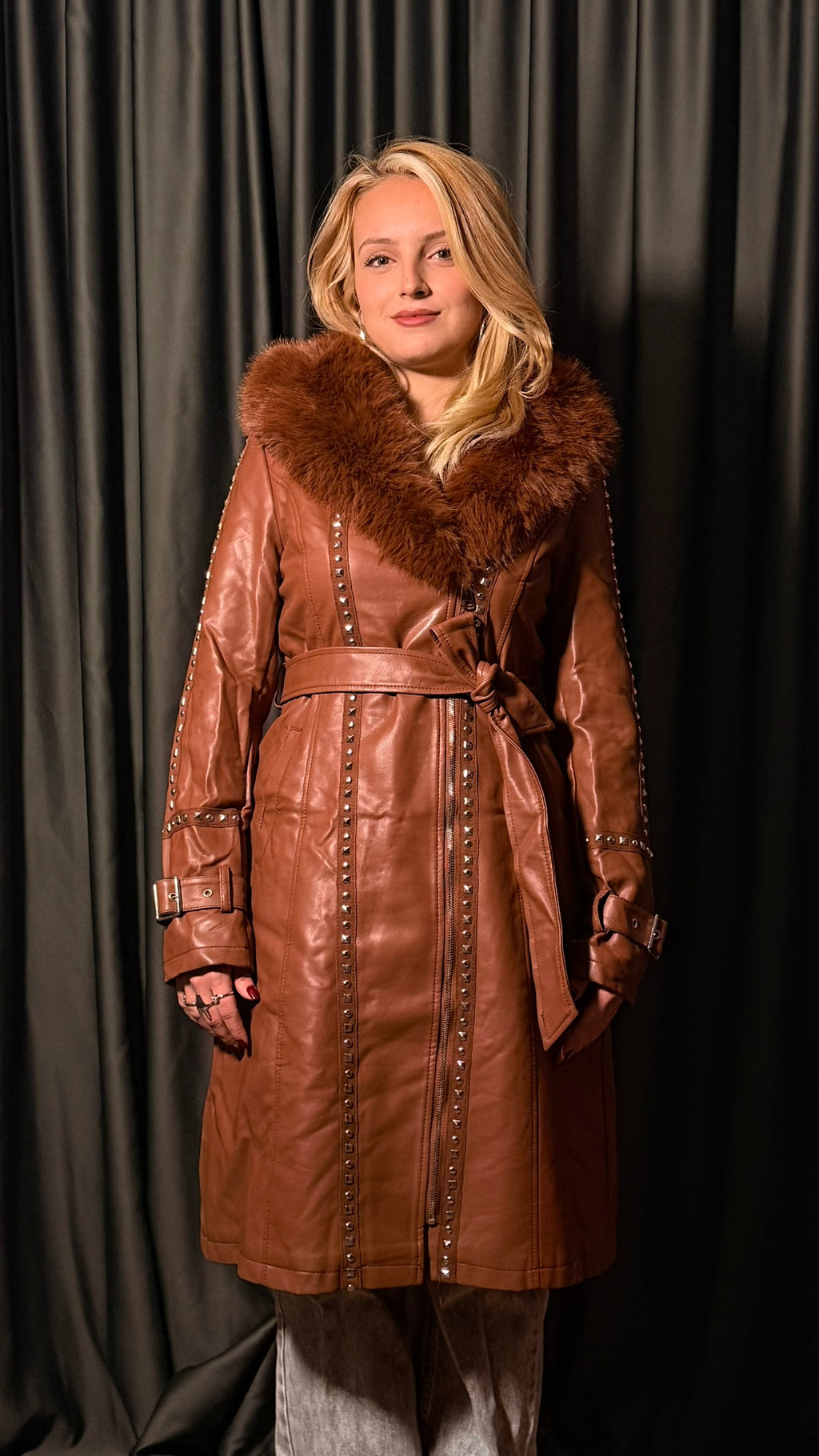 Kürk Detaylı Uzun Deri Mont