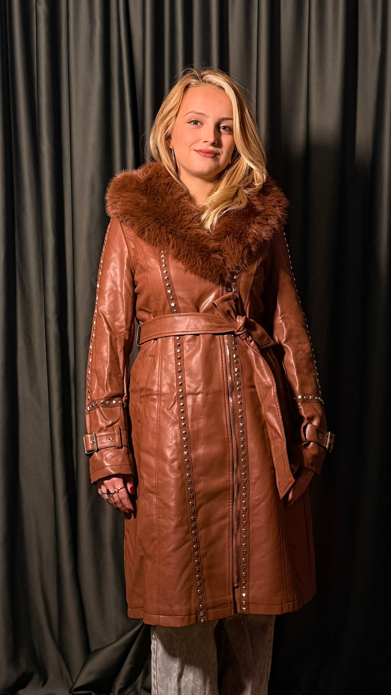 Kürk Detaylı Uzun Deri Mont