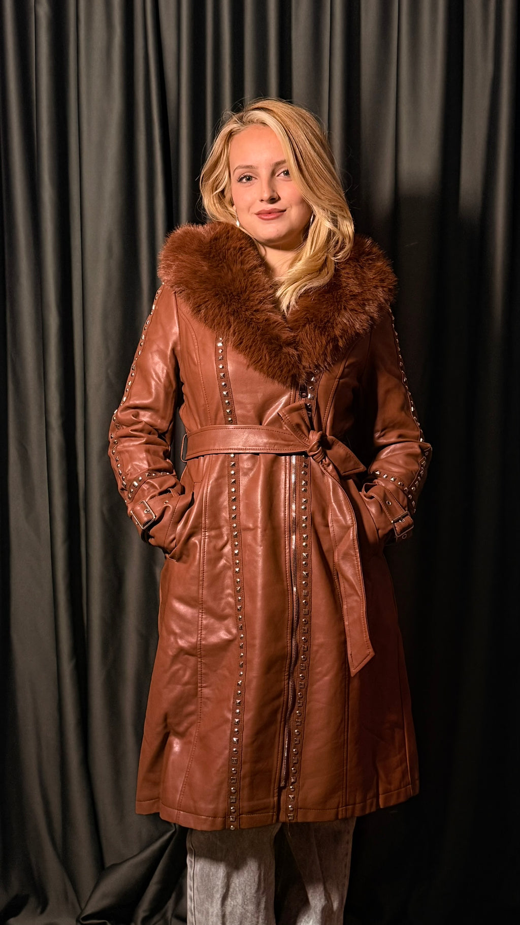 Kürk Detaylı Uzun Deri Mont