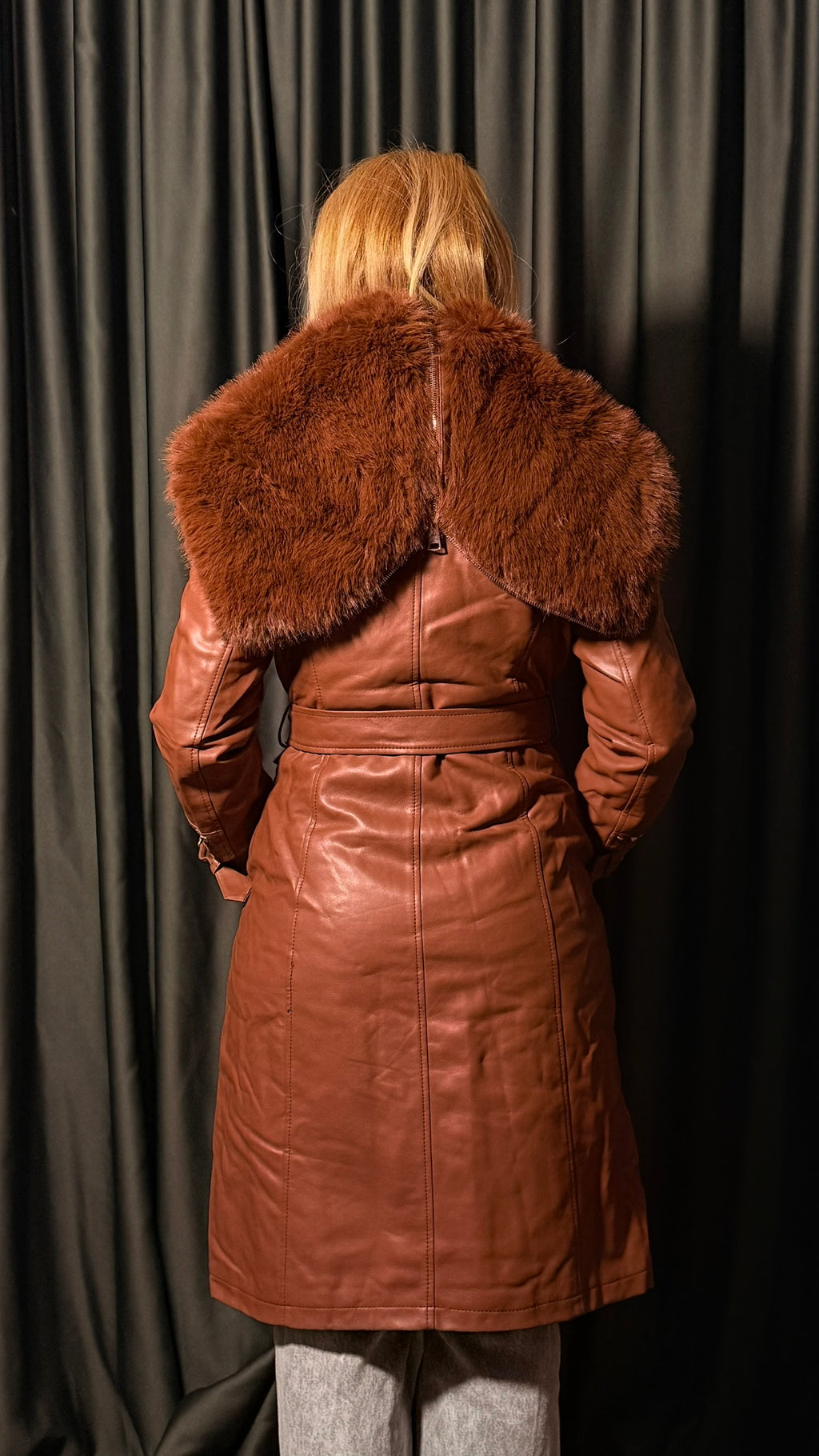 Kürk Detaylı Uzun Deri Mont