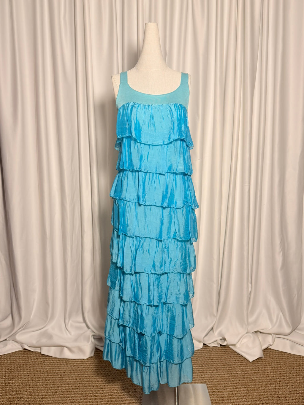 Mavi Kat Kat Uzun İpek Elbise